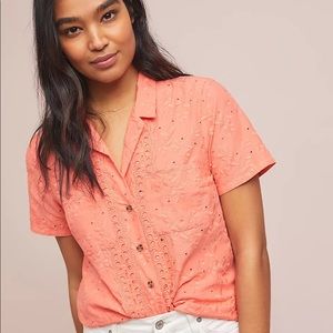 Maeve Anthropologie Coral Eyelet Guayabera Top Med